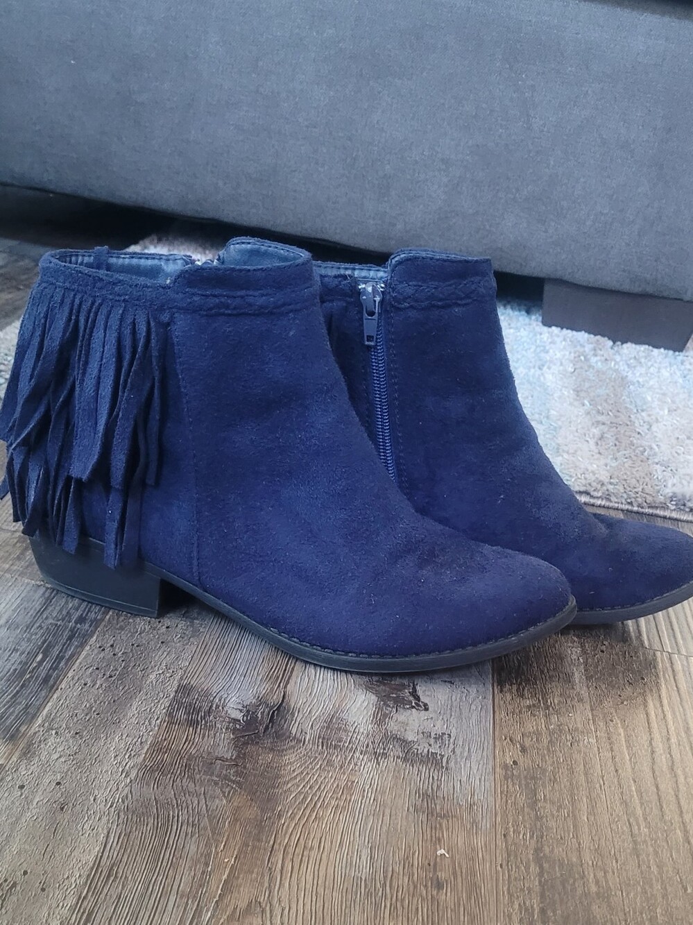 Ingaro Suede Navy Blue Heeled Boots With Fringe